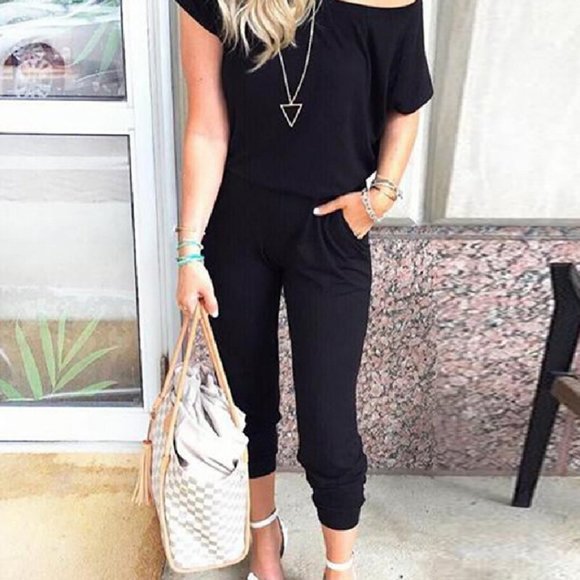 Pants - Black Short Sleeve Jogger Jumpsuit Size M